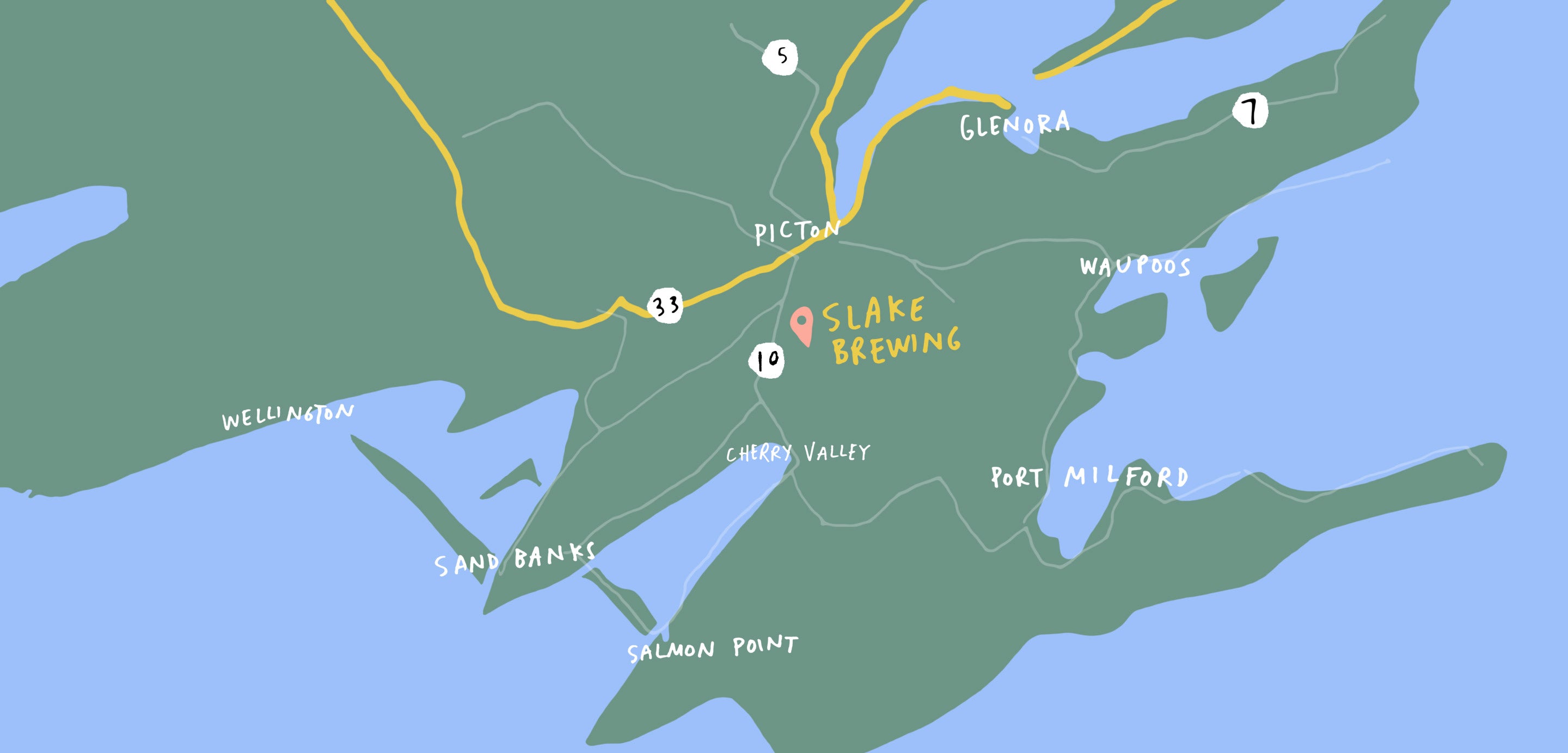 Map showing the location of Slake Brewing at 181 Mowbray Road, Picton, Ontario